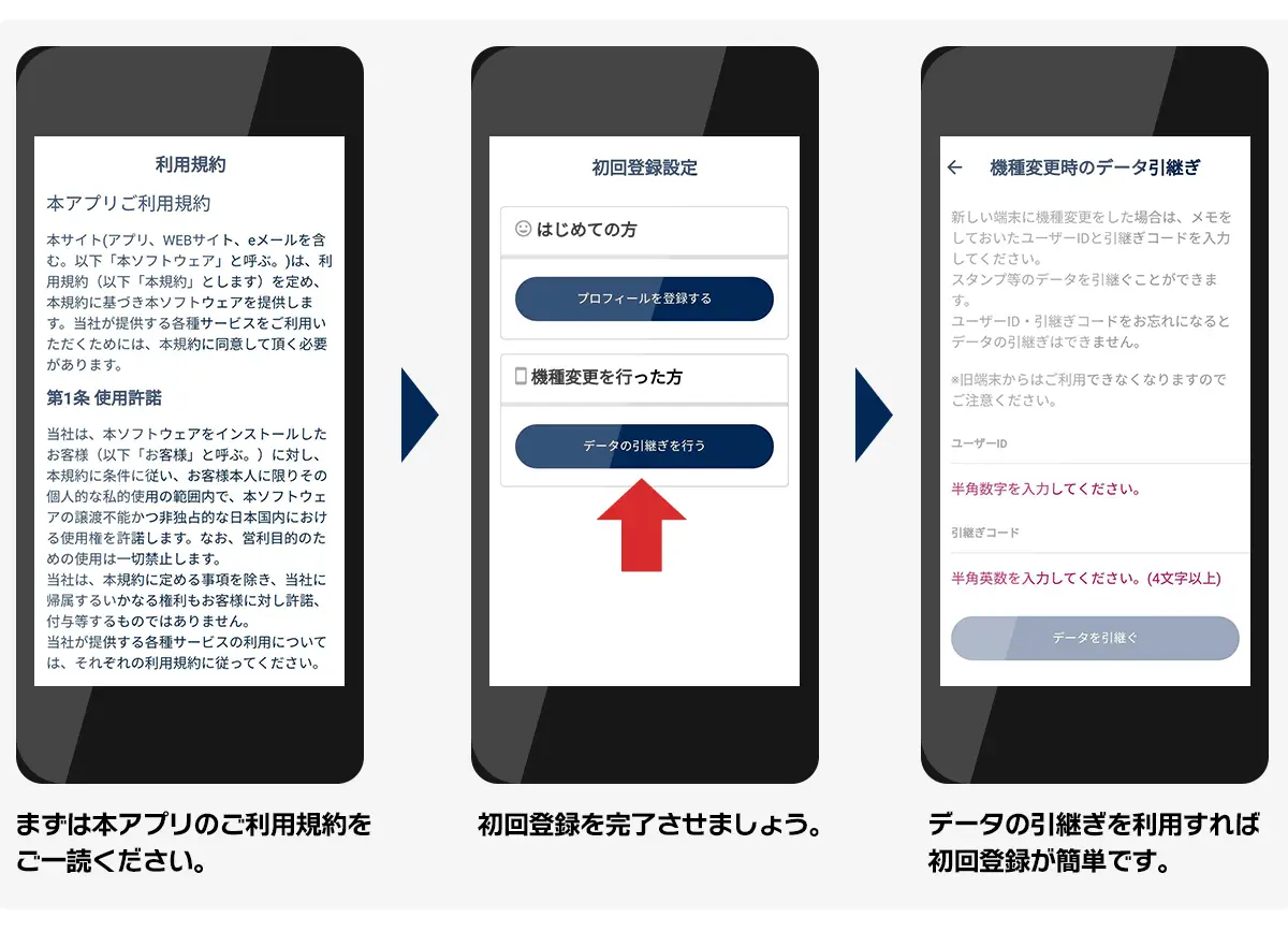 1.まずはモンテアプリのご利用規約をご一読ください。2.初回登録を完了させましょう。3.データの引継ぎを利用すれば初回登録が簡単です。